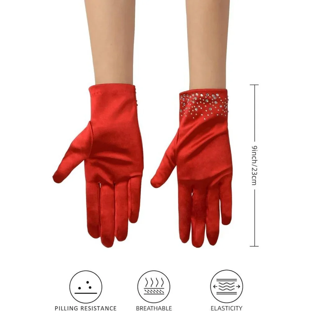 Women's Red Sparkly Glitter Rhinestone Stretchy Satin Wrist Length Gloves